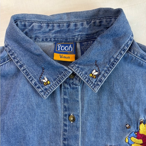 Disney Vtg Pooh “Bee a Friend” Blue Denim Button Down Shirt w/ Embroidery - Picture 3 of 4